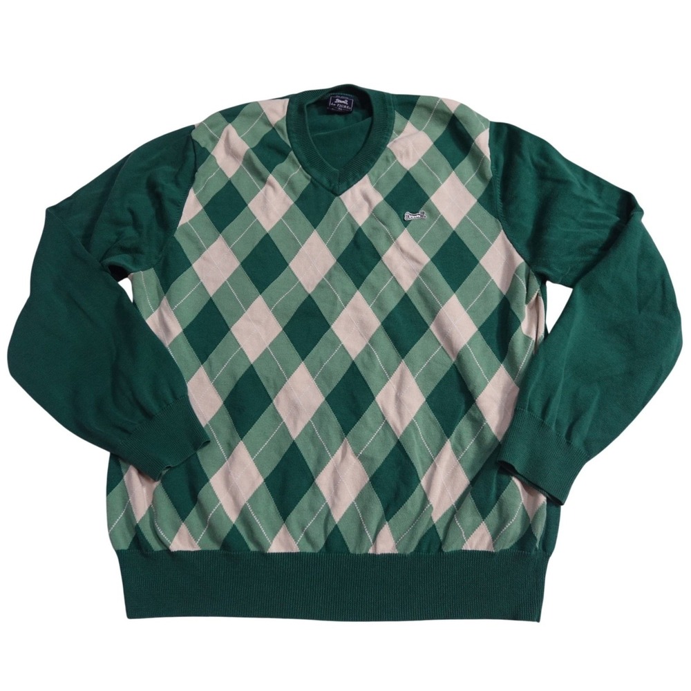 Vintage Le Tigre Argyle Sweater Mens XL Green V Neck Cotton Golf Preppy 80s